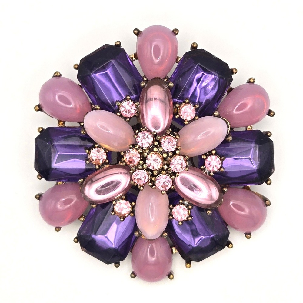 Fortunoff Vintage Purple Pink Rhinestone Cabochon Flower Brooch Pin 2.5 Inch